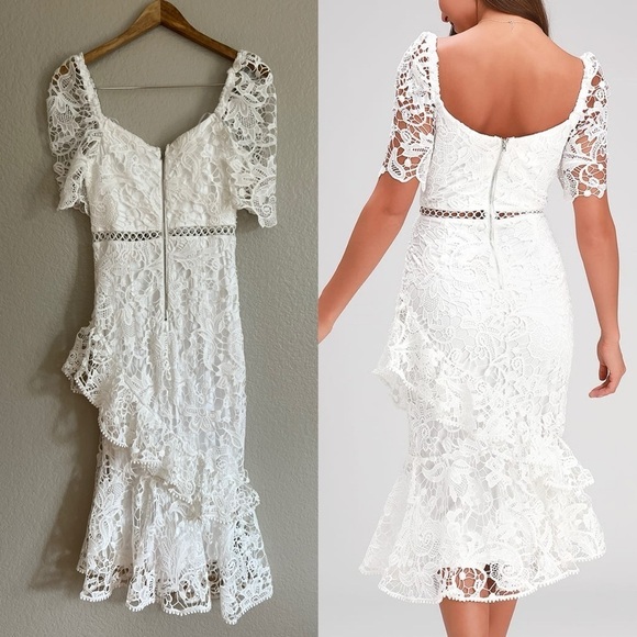 White Lace Ruffled Midi Dress Small - Picture 3 of 7